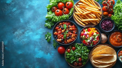 Wallpaper Mural Overhead view of colorful fast food items including golden fries fresh salads crispy tacos and pizza styled naturally on a rustic surface Torontodigital.ca