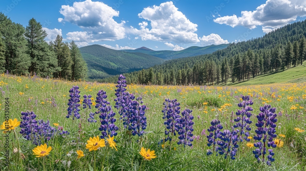 Fototapeta premium Mountain Wildflower Meadow With Lupines And Yellow Flowers
