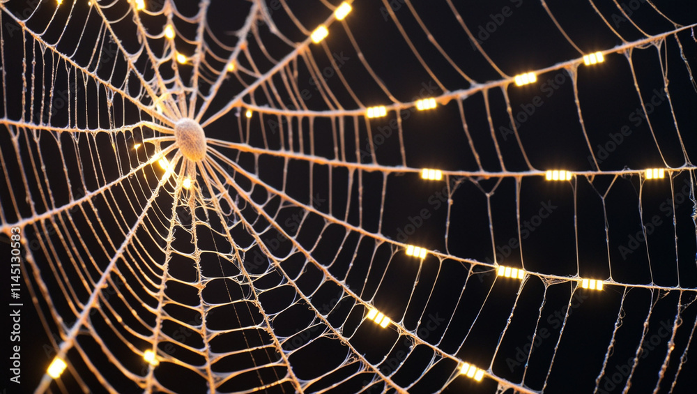 Obraz premium Glowing Golden Spider Web on Dark Background