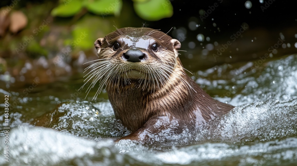 Close-up of a smooth-coated otter swimming in a stream, looking directly at the camera, water splashing around it. Close-up of a smooth-coated otter swimming in a stream, looking directly at the camera, water splashing around it.