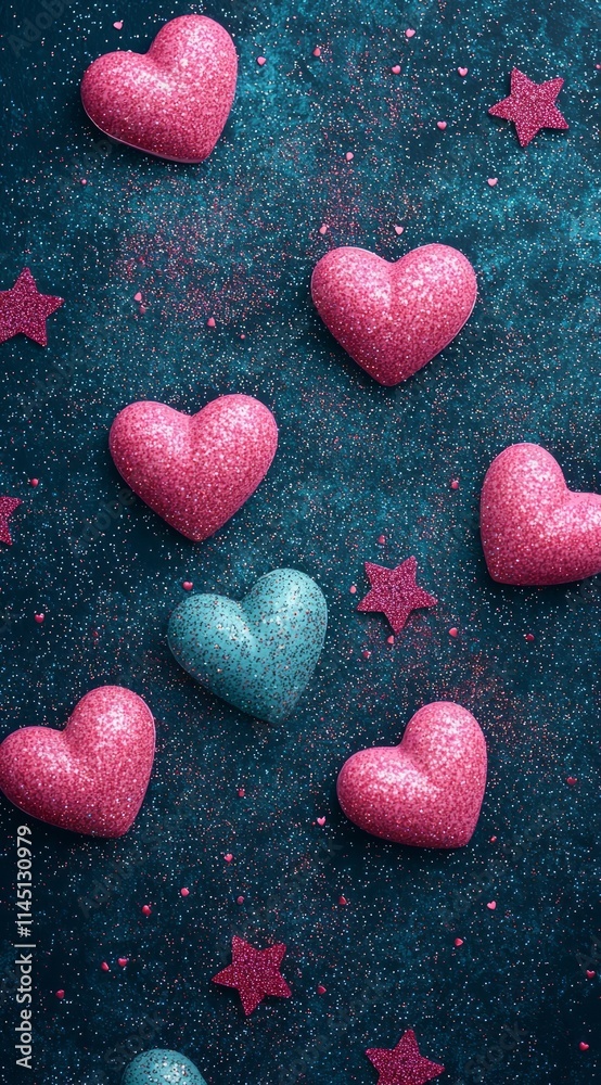 Obraz premium A playful arrangement of sparkling hearts in pink and blue, surrounded by pink stars and glitter, creating a festive and romantic atmosphere perfect for celebrations or crafts.