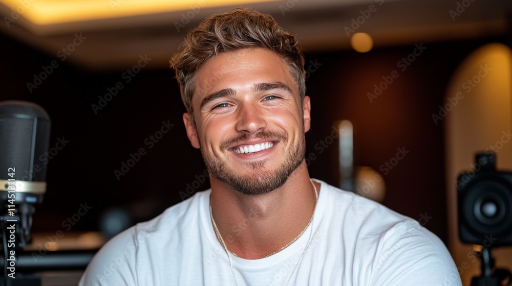 Handsome young man with confident smile in dimly lit modern setting warm ambient lighting creating a dynamic and engaging lifestyle stock image Handsome young man with confident smile in dimly lit modern setting warm ambient lighting creating a dynamic and engaging lifestyle stock image