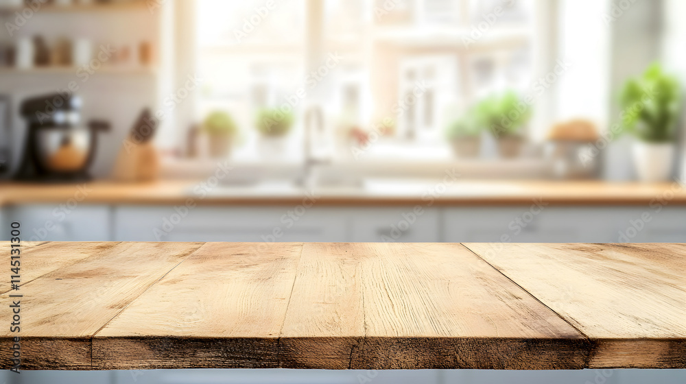 A wooden tabletop set against a blurred kitchen background. A wooden tabletop set against a blurred kitchen background.