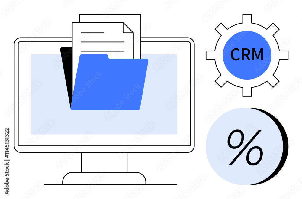 Computer monitor displaying a file folder and documents. Adjacent gear with CRM and percentage icon. Ideal for data management, customer relations, business analytics, administrative tasks, office Computer monitor displaying a file folder and documents. Adjacent gear with CRM and percentage icon. Ideal for data management, customer relations, business analytics, administrative tasks, office