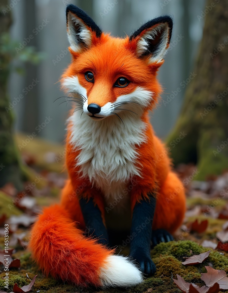Fototapeta premium A detailed needlework depiction of a fox, intricately crafted from colorful wool, set against a textured forest background, emphasizing a cozy, hand-stitched aesthetic