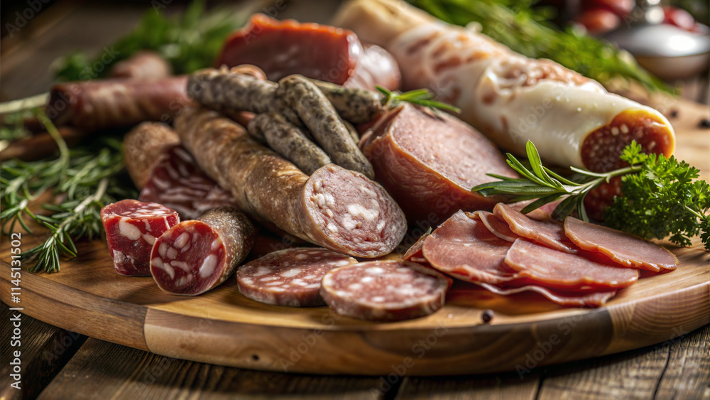 Gourmet charcuterie board featuring a variety of cured meats, sausages, and fresh herbs displayed on a wooden platter Gourmet charcuterie board featuring a variety of cured meats, sausages, and fresh herbs displayed on a wooden platter