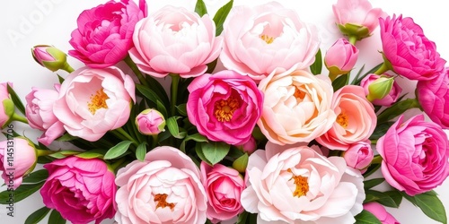 Fototapeta Naklejka Na Ścianę i Meble -  Fresh and vibrant bouquet of pink peonies and roses on a white background with space for text, copy space, pink