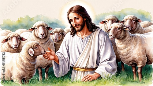 A Serene Watercolor Illustration of Jesus, Radiating Peace and Compassion, Surrounded by Soft, Gentle Hues and a Tranquil, Spiritual Atmosphere of Divine Grace and Serenity