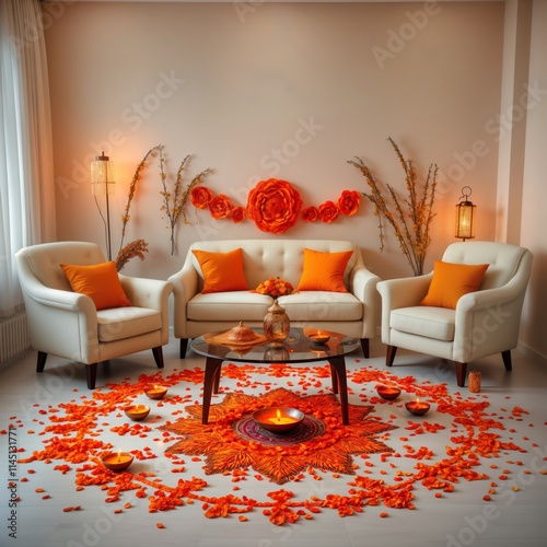 Empty living room decorated for Diwali. Orange flowers and diyas are arranged on floor and walls. White furniture and round glass coffee table are in center of room. Room is well lit. Festive decor. photo