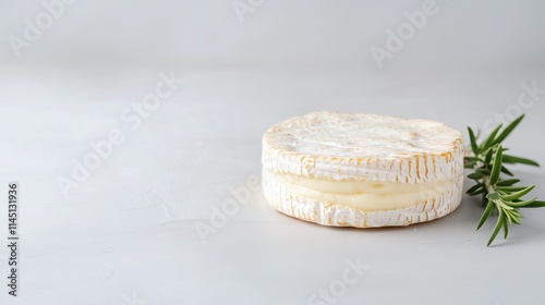 Round wheel of soft Brie cheese garnished with fresh rosemary, arranged on a light gray background, flat lay cheese photography, minimalistic gourmet food design with copy space for text.

