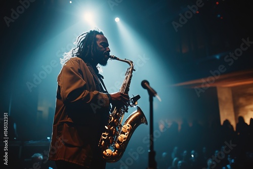 african american saxophonist performing on stage, with a spotlight highlighting the instrument, with dramatic lighting