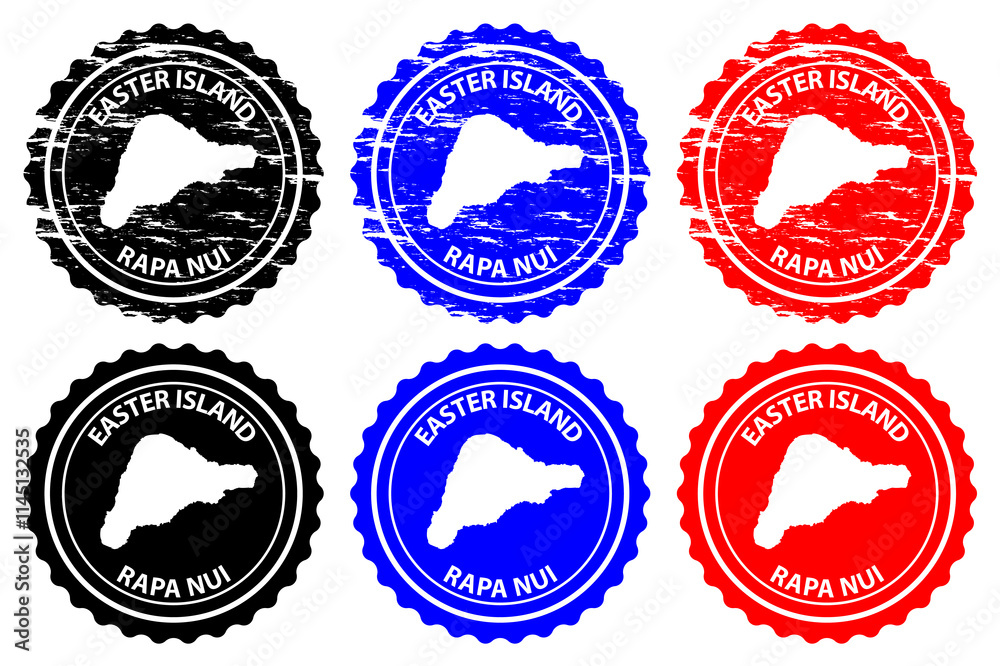 Rapa Nui - rubber stamp - vector, Easter Island map pattern - sticker - black, blue and red