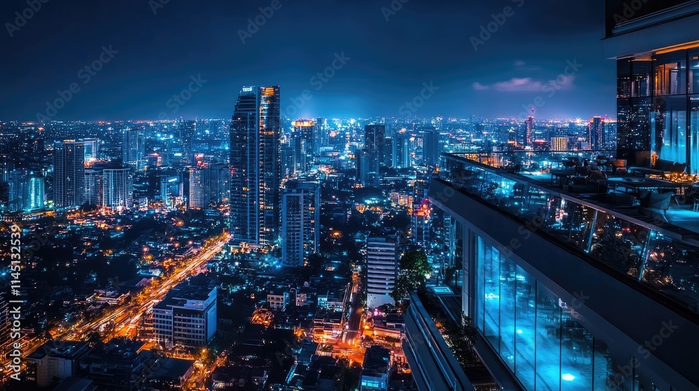 Obraz premium Night Cityscape Viewed From Rooftop Terrace