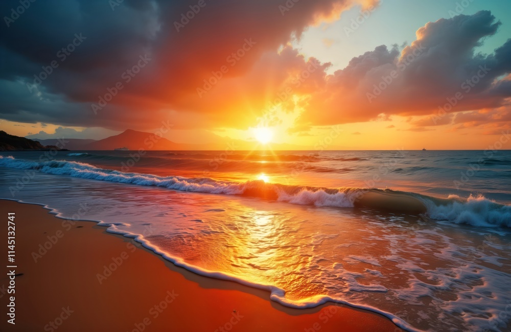 Serene sunset over ocean. Warm colors reflect on water. Waves gently wash ashore. Sandy beach. Peaceful coastal scenery. Idyllic evening landscape. Stunning nature. Travel destination. Vacation time. Serene sunset over ocean. Warm colors reflect on water. Waves gently wash ashore. Sandy beach. Peaceful coastal scenery. Idyllic evening landscape. Stunning nature. Travel destination. Vacation time.