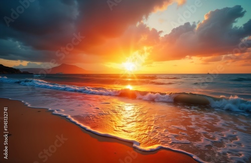 Serene sunset over ocean. Warm colors reflect on water. Waves gently wash ashore. Sandy beach. Peaceful coastal scenery. Idyllic evening landscape. Stunning nature. Travel destination. Vacation time.