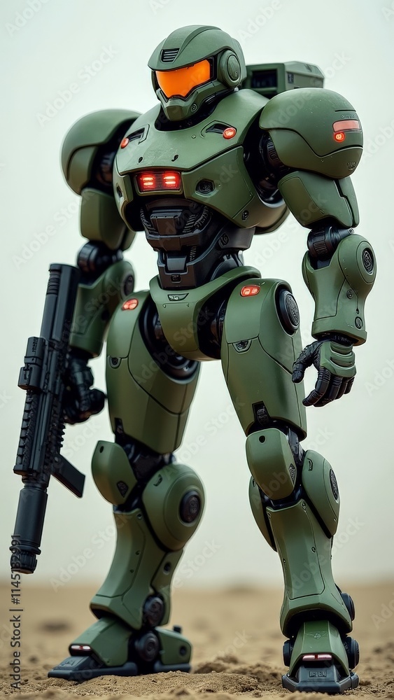 Military-style robot in green armor holding weapon Military-style robot in green armor holding weapon