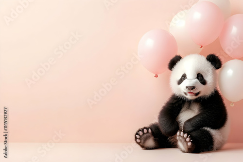 A cute panda sits happily among soft pink balloons, creating a joyful party vibe photo