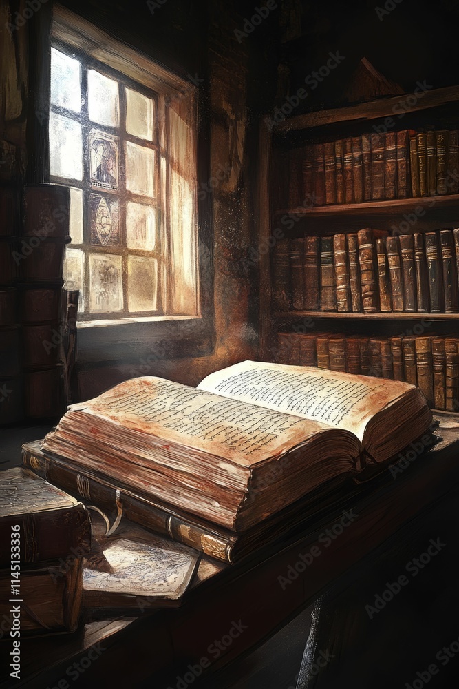 Aged books, sunlit window, wooden shelves, quiet study.