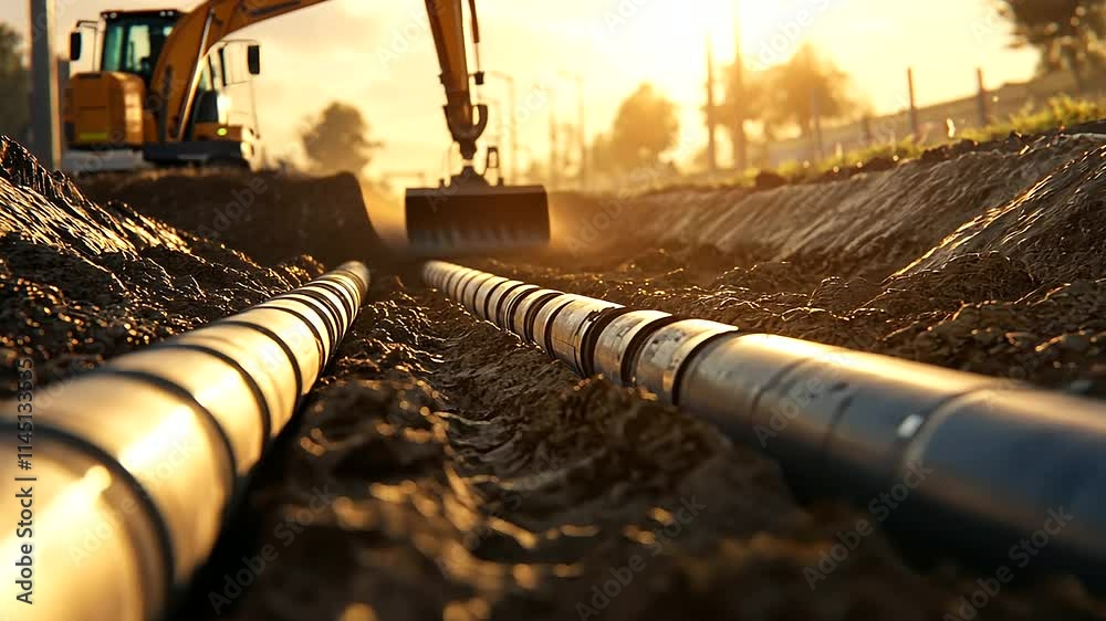 A close-up of sewer pipe sections being joined together in a trench, with sunlight casting shadows across the construction site and piles of excavated soil.