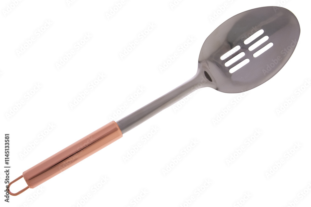 metal spoom with a copper-colored handle. The head has slots for draining and is likely used for cooking or serving food metal spoom with a copper-colored handle. The head has slots for draining and is likely used for cooking or serving food