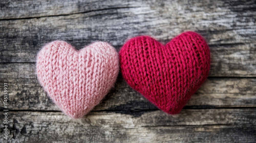 two knitted hearts on a wooden surface two knitted hearts on a wooden surface