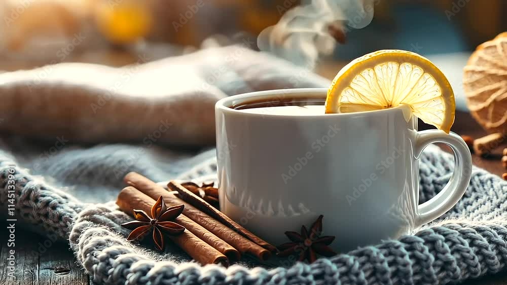 A cozy cup of steaming ginger tea with a lemon slice perched on the rim, surrounded by cinnamon sticks, star anise, and cloves, set on a rustic wooden table with a soft knitted bla