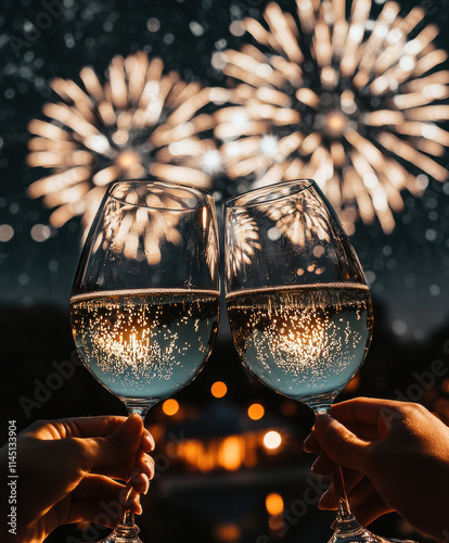 New Year Celebration with Fireworks and Toasting Wine Glasses in the City photo