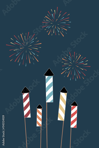 Vektorgrafik mit bunten Raketen und Feuerwerk.