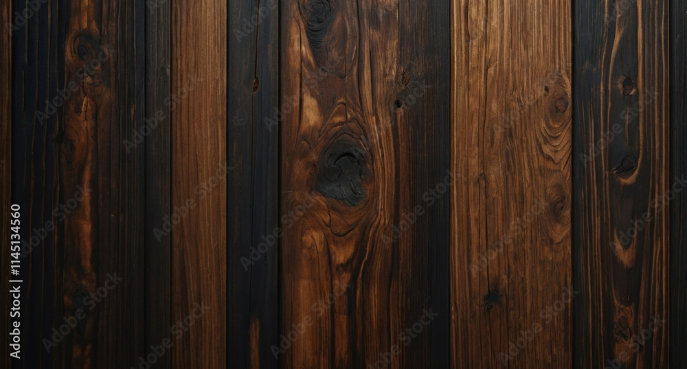 Dark wooden texture or background with vertical planks. Effect of burnt wooden surface or wall. Rustic wood board. Top or front view. For banner, poster, advertising, design Dark wooden texture or background with vertical planks. Effect of burnt wooden surface or wall. Rustic wood board. Top or front view. For banner, poster, advertising, design