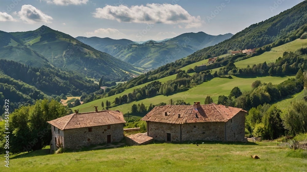 Obraz premium Basque Country mountains and nature, animals and old houses.. Farm house with a flock of sheep on a cloudy day