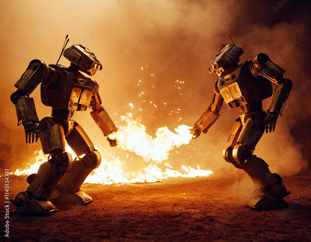 Fototapeta premium Fighting robots break through with battle through fire and smoke.