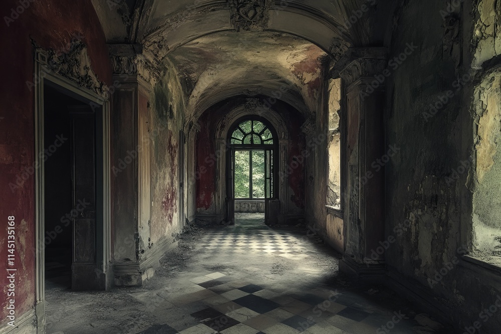 Fototapeta premium Decaying hallway, arched entry, checkered floor, light from window.