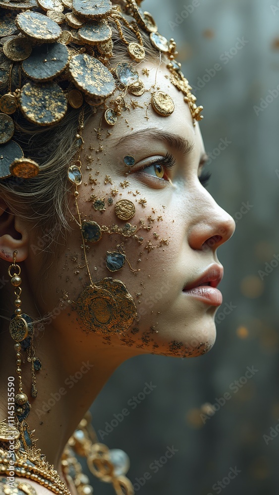 Profile of a woman adorned with gold coins and intricate details Profile of a woman adorned with gold coins and intricate details