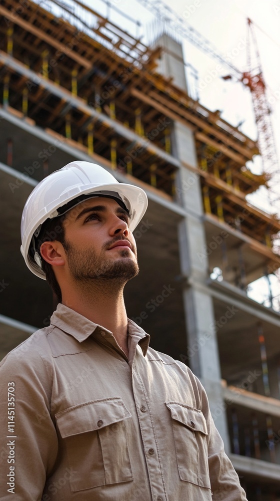 Construction professional in white hardhat and beige workwear inspecting progress at modern building site with tower crane, embodying leadership and expertise in urban development. Construction professional in white hardhat and beige workwear inspecting progress at modern building site with tower crane, embodying leadership and expertise in urban development.