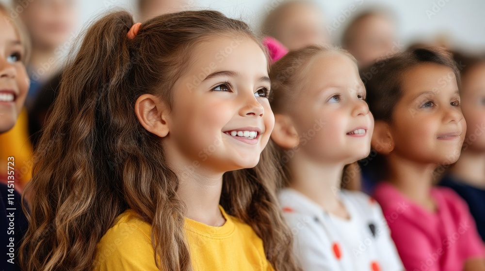 Excited young girl performing in a school choir with a vibrant audience in the background showcasing teamwork confidence and musical creativity Excited young girl performing in a school choir with a vibrant audience in the background showcasing teamwork confidence and musical creativity