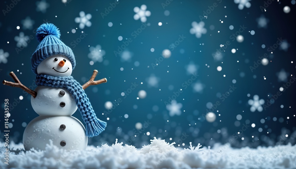 Obraz premium Festive snowman scene. Snowman with blue hat, scarf stands on snowy ground. Snowflakes fall in blue background. Minimalist, elegant festive composition. Suitable for Christmas cards invitations.