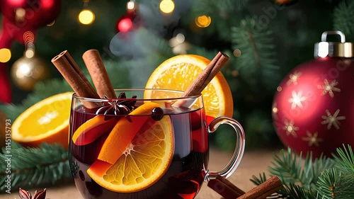 Festive Mulled Wine in a Glass Mug with Orange Slices, Cinnamon Sticks, and Holiday Decorations in the Background

 photo