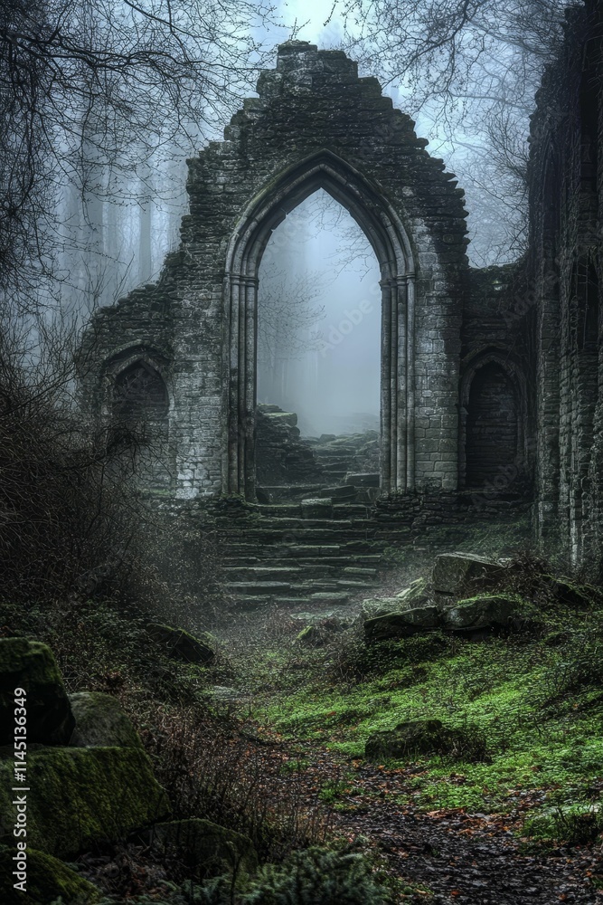 Fototapeta premium Stone archway, overgrown ruins, misty forest path.