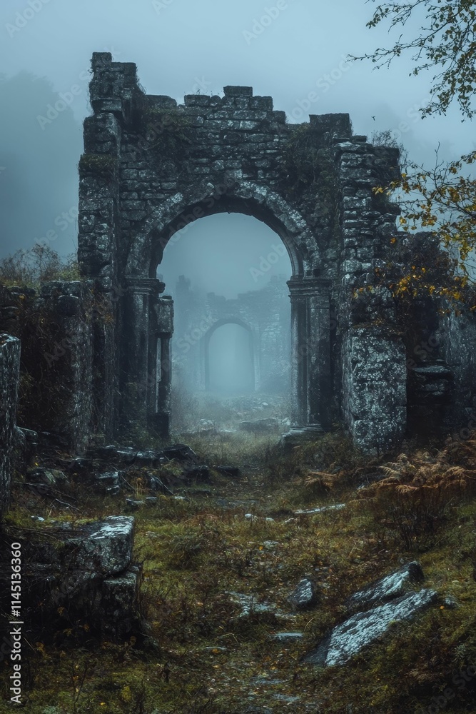 Obraz premium Stone archway ruins, overgrown, foggy landscape.