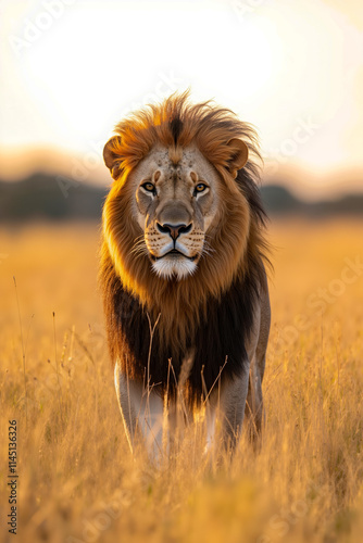 A lion walking through a field of tall grass at sunset