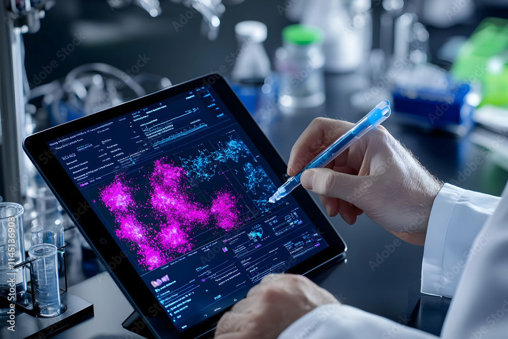 Scientist Analyzes Data on Tablet in Laboratory with Advanced Technology and Scientific Research. Medical Research with Innovative Technology in Modern Laboratory. Scientist Analyzes Data on Tablet in Laboratory with Advanced Technology and Scientific Research. Medical Research with Innovative Technology in Modern Laboratory.
