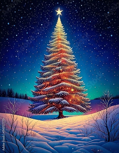 simple, single Christmas tree in a snowy field lit up in the night