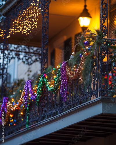 Decorated balcony with festive beads and lights. photo