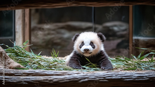 Cute and sweet baby panda bear sitting in wildlife habitat, adorable little fluffy creature showcases natural beauty, wildlife conservation efforts protect this endangered species in bamboo forests. photo