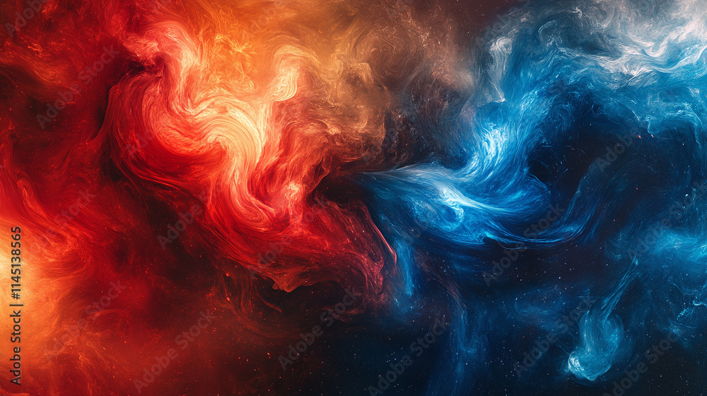 Fototapeta premium Smoke creating dynamic wallpaper effect, abstract motion of red and blue swirls, flowing smoky background texture, dramatic explosion atmosphere.