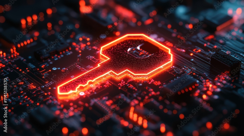 Glowing Neon Key Icon on Digital Circuit Board Glowing Neon Key Icon on Digital Circuit Board