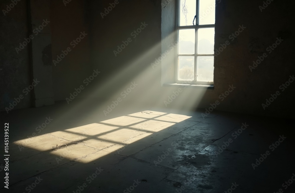 Sunlight streaming through a dusty window in an empty room