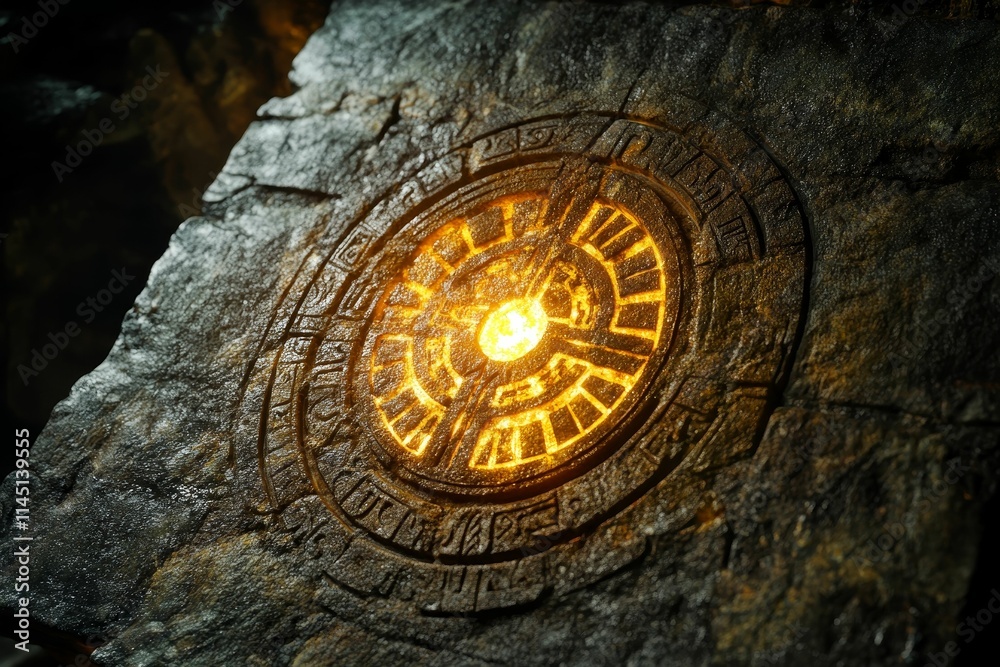 Fototapeta premium Glowing stone carving; ancient symbols; dark background.