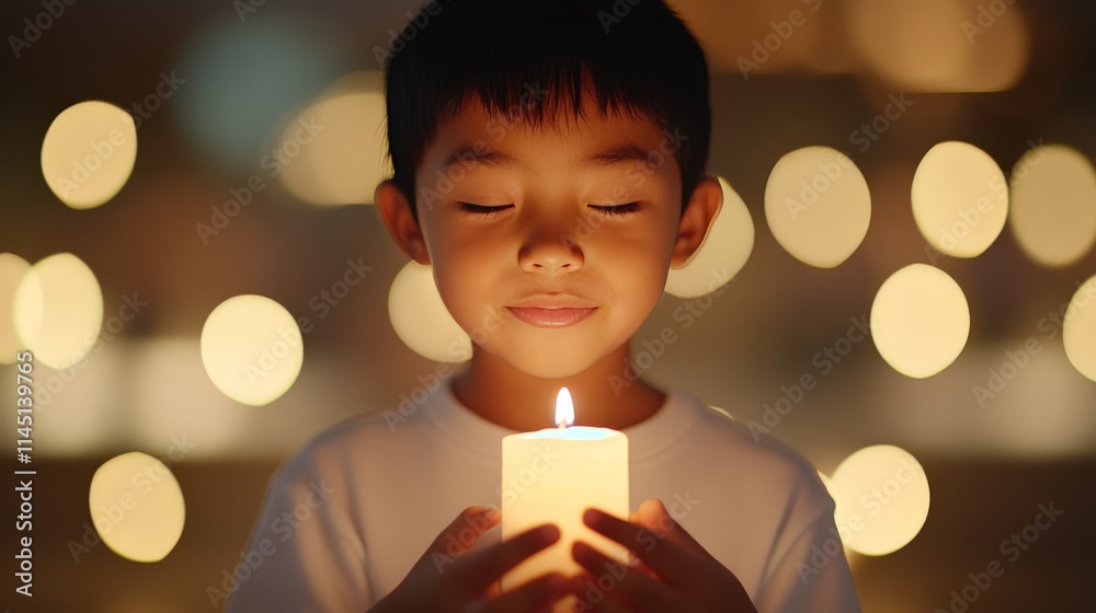 Meditative child holding a glowing candle against a dreamy background of blurred lights reflecting peace focus and serene energy Meditative child holding a glowing candle against a dreamy background of blurred lights reflecting peace focus and serene energy