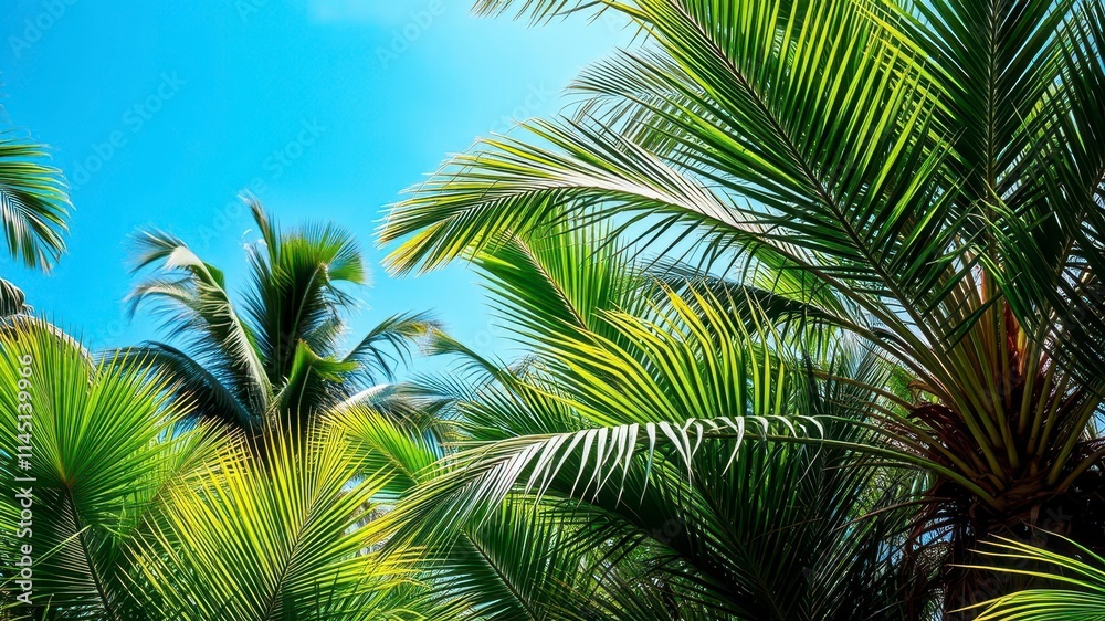 Fototapeta premium Tropical palm leaves in vibrant green colors against a bright blue sky, perfect for adding a pop of tropical freshness to any design project, lush, sunny